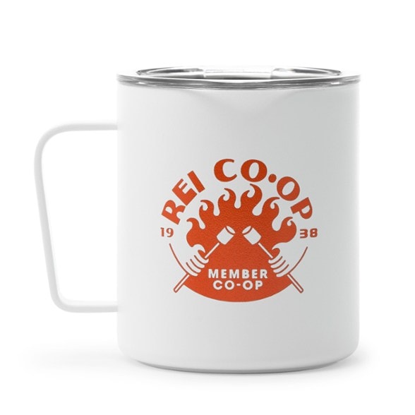 MiiR insulated camp mug with community graphic against a natural backdrop