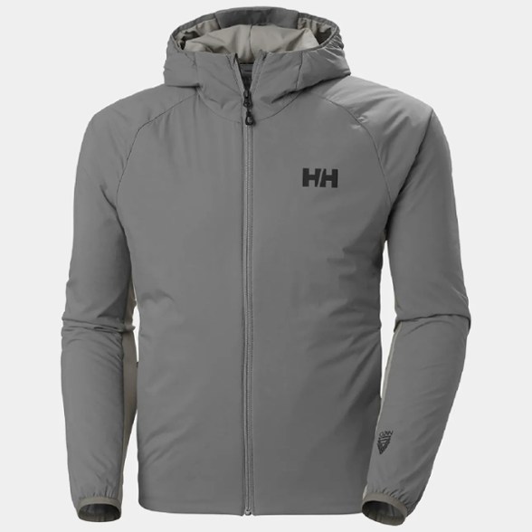 Odin insulated jacket showcasing its lightweight design and hood in a mountainous backdrop.