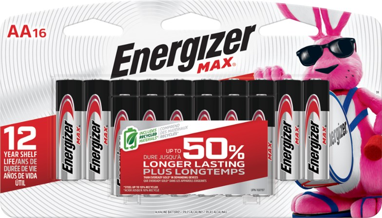 Energizer Max AA batteries pack showcasing the 16 battery configuration.
