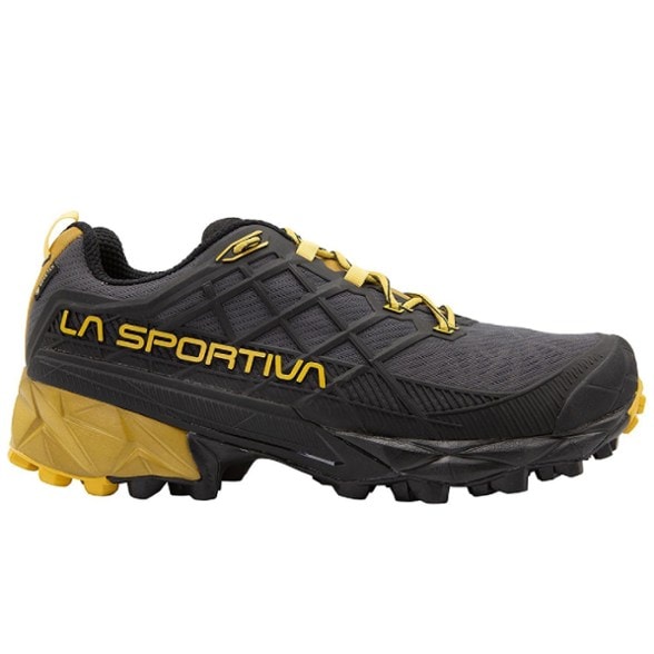 La Sportiva Akyra II GTX hiking shoes displayed from the front, showcasing the sticky rubber soles.
