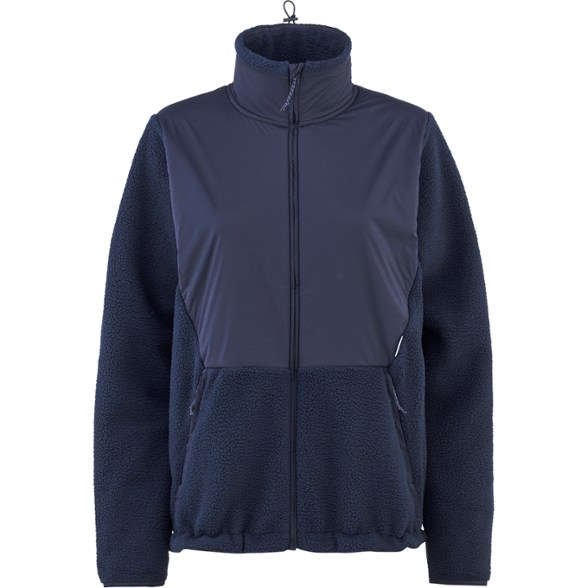 Front view of the women's outdoor jacket with fleece lining shown zipped up during trail run.