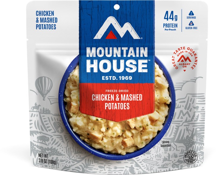 Close-up of Mountain House Chicken and Mashed Potatoes meal pouch, showcasing the packaging design.