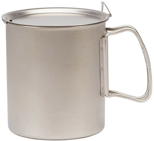 Titanium Trek 700 mug showing its flip-top lid and drainage slot, perfect for cooking pasta.