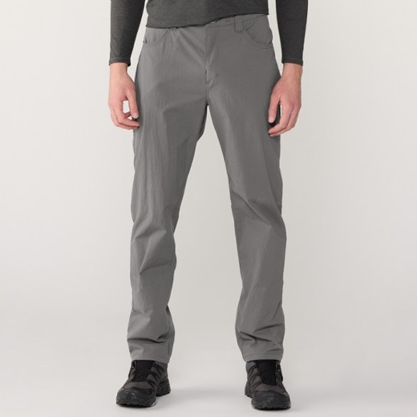 Front view of eco-friendly performance hiking pants, showcasing pockets and stretch fabric