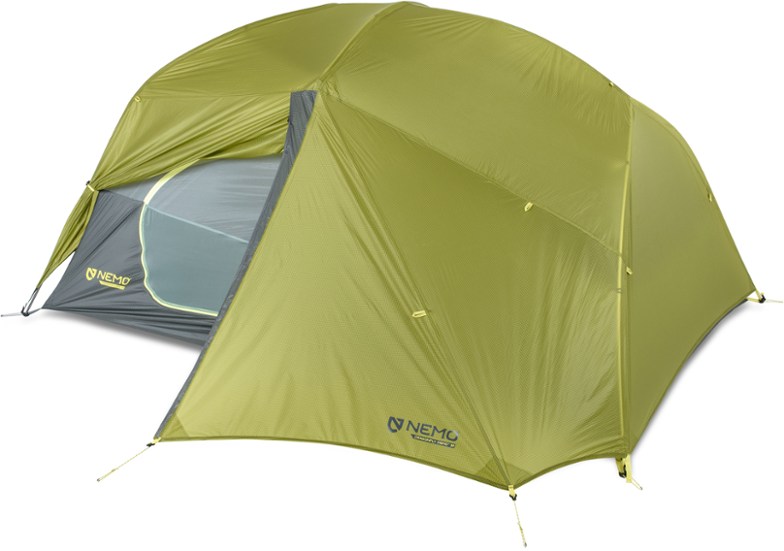 NEMO Dragonfly OSMO 3P tent with doors open, revealing ample space for three campers.