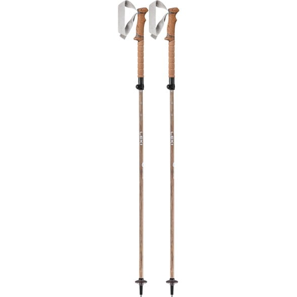 Adjustable trekking poles with cork grips on a rocky trail
