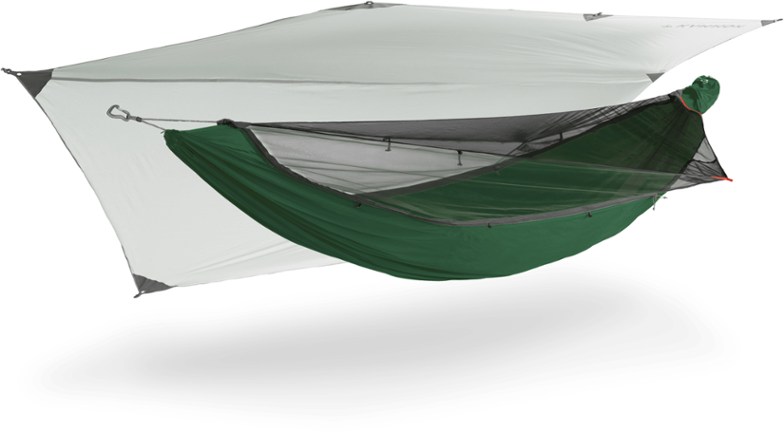 Eco-Mantis Hammock Tent set up in a forest with a clear night sky view