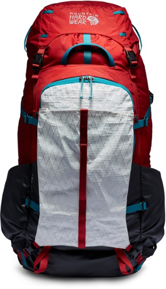 Front view of the Mountain Hardwear AMG 105 backpack demonstrating its spacious design and heavy-duty construction.