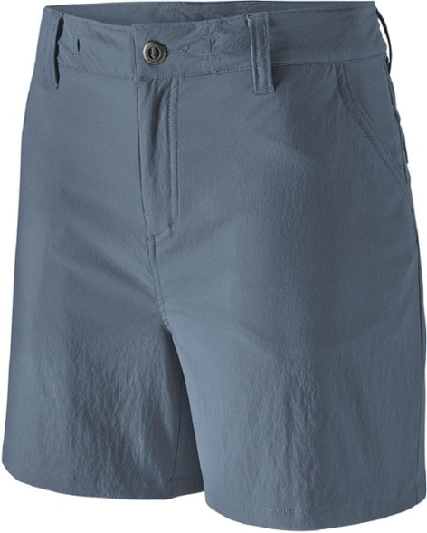 Patagonia Quandary Women's Hiking Shorts displayed on a rock in nature, showcasing the stretch-woven material.
