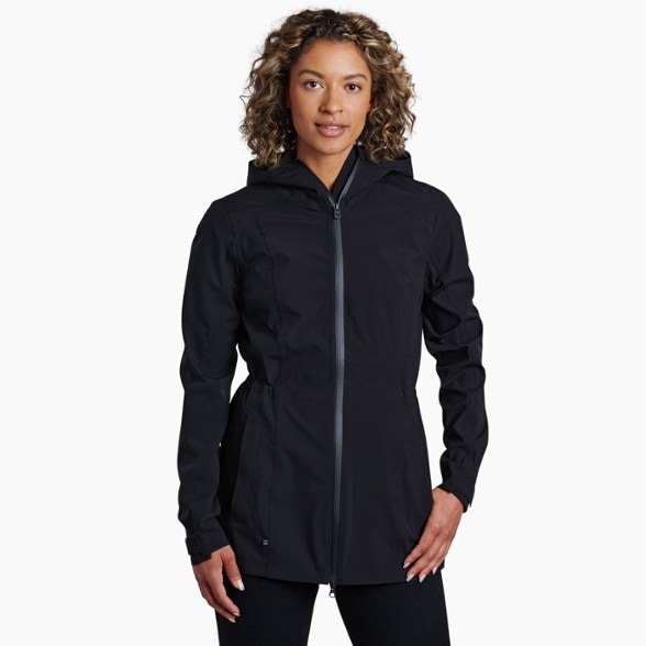 Close-up of the Kühl women's rain jacket with hood showcasing its breathable fabric.