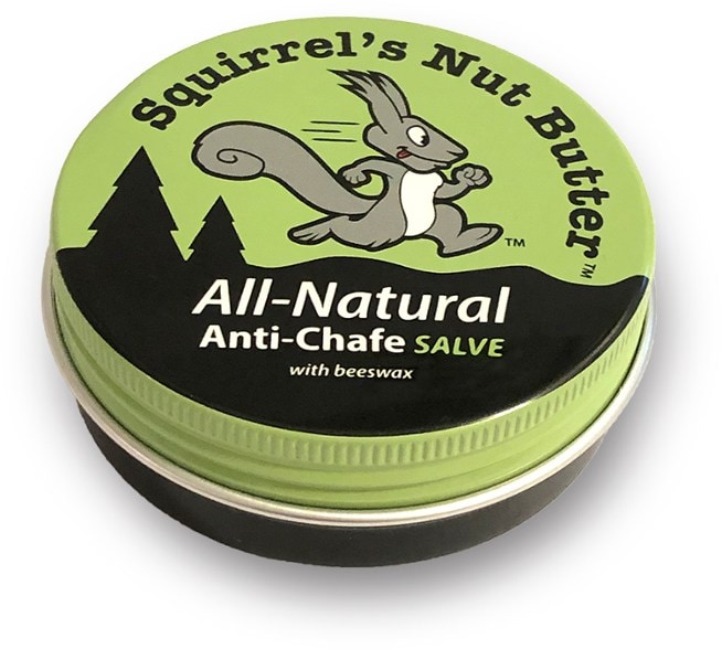 Squirrel's Nut Butter Anti-Chafe Salve tin showing the label and texture of the balm.