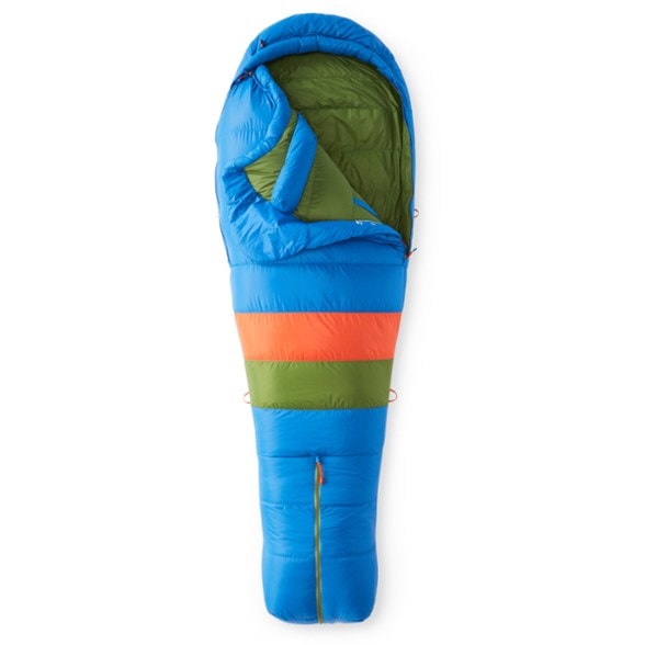 Close-up of the Marmot Sawtooth men's down sleeping bag, highlighting its water-resistant fabric and zipper details.