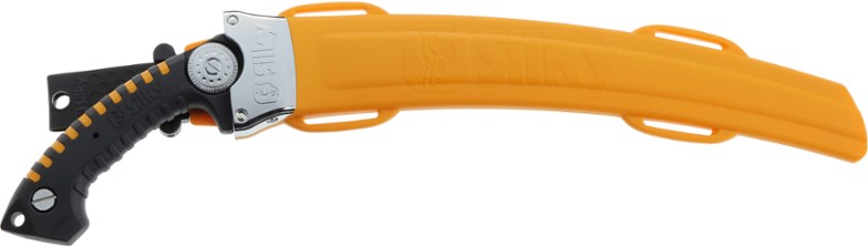 Sugoi pruning saw showcasing its curved blade and scabbard in an outdoor setting.