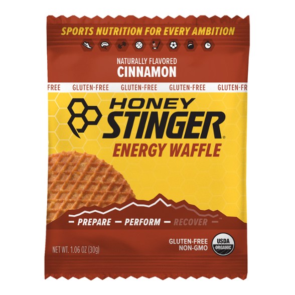 Close-up of Honey Stinger gluten-free waffle with honey filling for energy snacks.