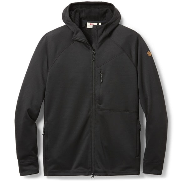 Front angle of the fleece hoodie laid flat, showcasing snug hood and grid-texture interior built for men's outdoor apparel layering.