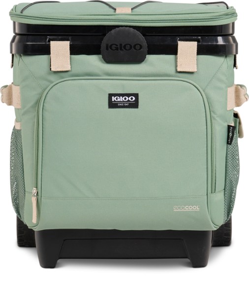 Front view of ECOCOOL GlidePro insulated cooler showing zippered pocket and sturdy wheels