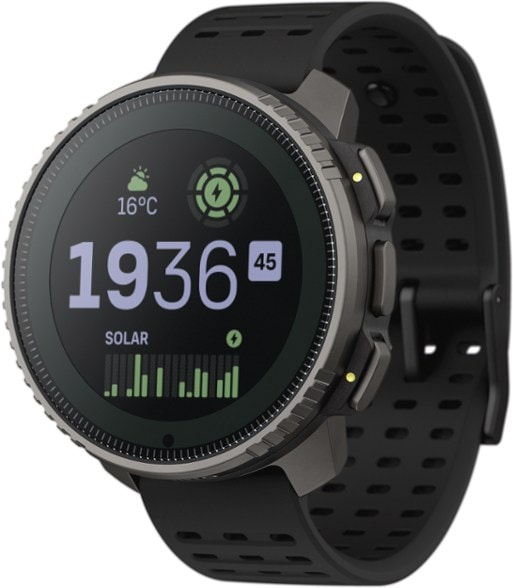 Front view of the Titanium Solar Explorer GPS Watch on a hiking trail.