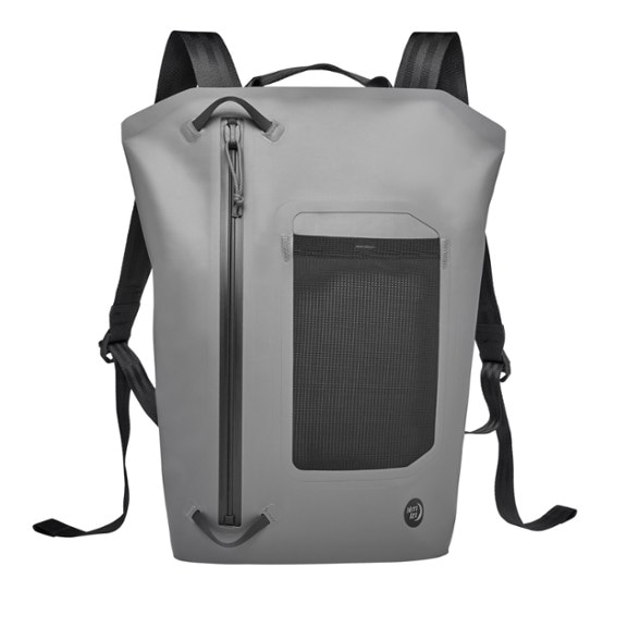 Front view of StormLock waterproof backpack showing mesh bottle pocket and vertical zip