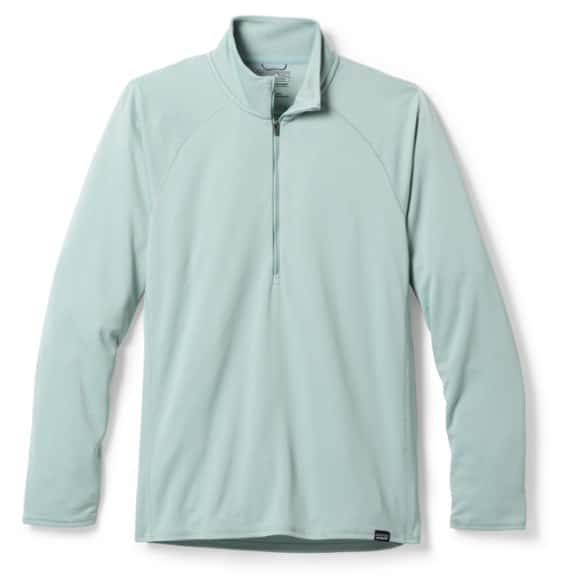 Close-up of Patagonia midweight zip-neck base layer top showcasing fabric texture.