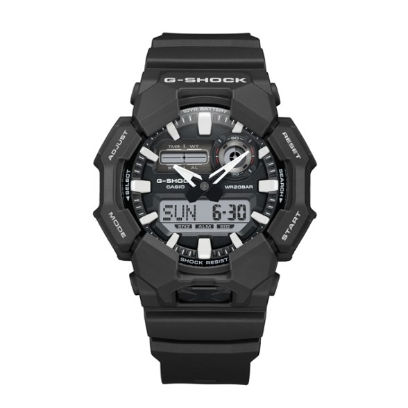 Front angle of analog digital watch showing LED illuminator and large-button case.