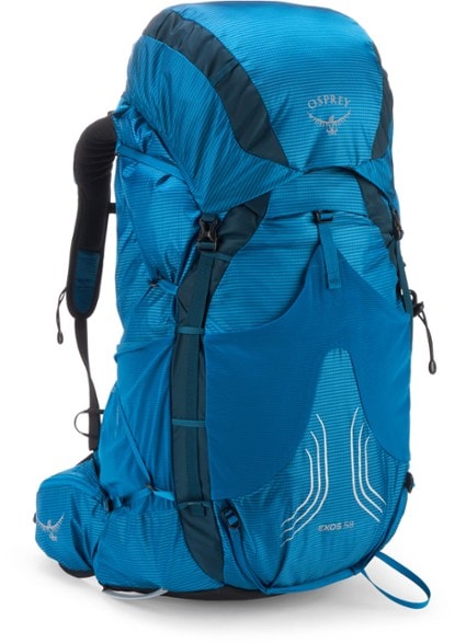 Osprey Exos 58 backpack shown from the front, ideal for lightweight hiking.