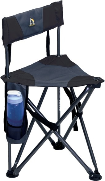 Front angle view of TrailMate folding chair with cup holder on campground