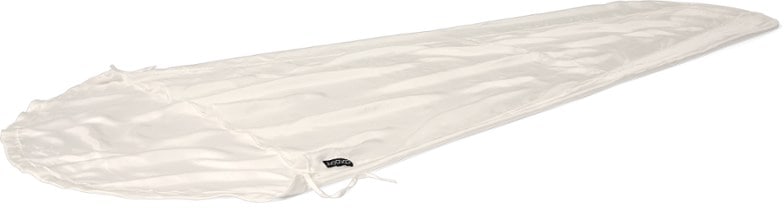 Cocoon silk mummy liner displayed inside a sleeping bag, showcasing its fit and design.