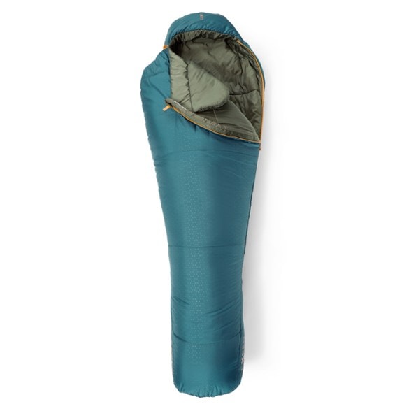 EcoComfort 30°F sleeping bag with adjustable hood and draft collar, ideal for chilly nights.
