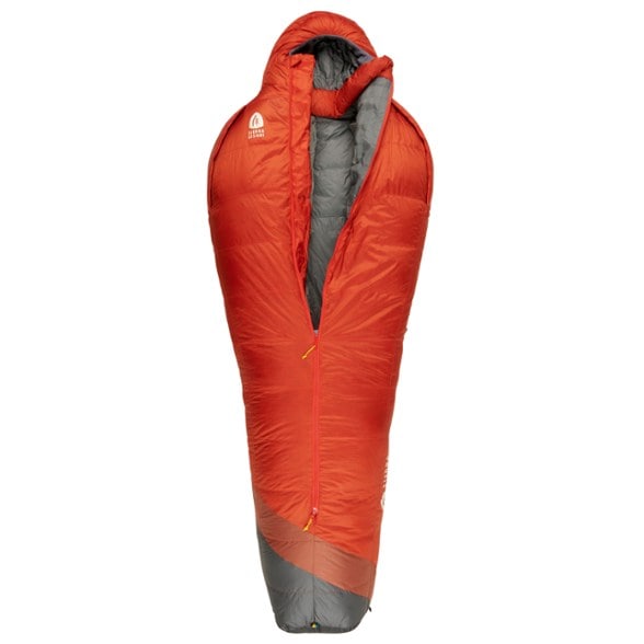 Sierra Designs Mobile Mummy 15 sleeping bag showcasing zipperless armholes and front zipper.
