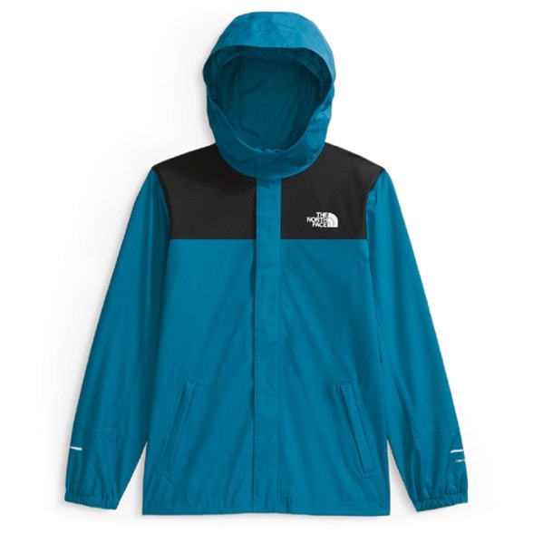 Boys' Antora rain jacket in action during a downpour, highlighting its waterproof design and comfort.