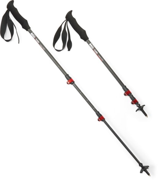 Close-up of ultra-light carbon trekking poles with ergonomic grips.