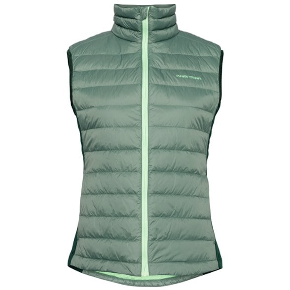 Front view of Emilie Women's Insulated Down Vest in a winter landscape.