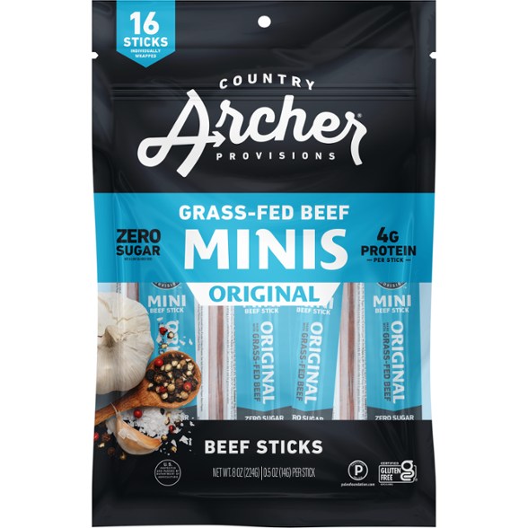 Close-up of Mini Zero-Sugar Grass-Fed Beef Sticks showcasing texture and packaging.