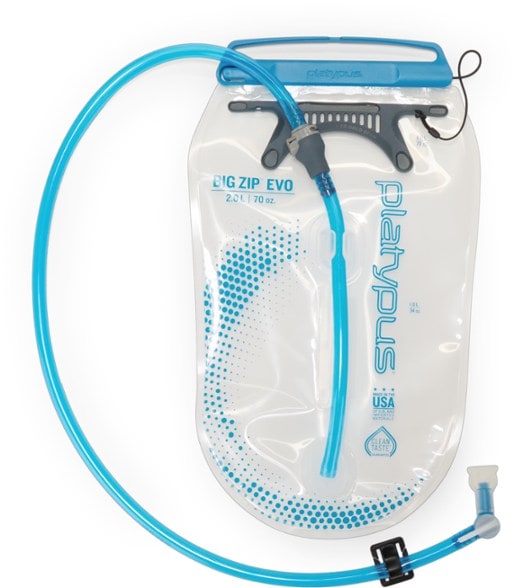 Platypus Big Zip EVO 2L reservoir showcasing its self-sealing bite valve and wide tubing.
