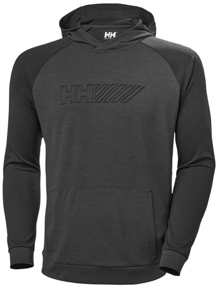 Front view of the lightweight hoodie worn on a summer hike near a pine forest