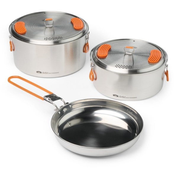 Glacier Stainless Base Camper Cookset includes 3L and 2L pots, frypan, and strainer lids.