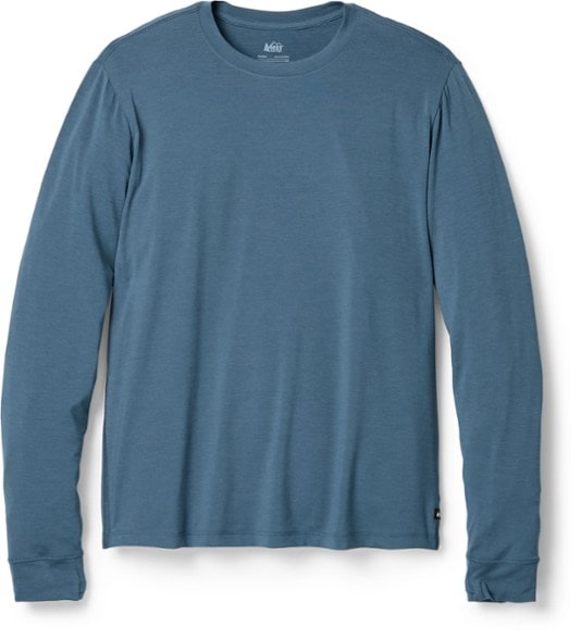 Men's Ultimate Active Pursuits Long-Sleeve T-Shirt in action during a hike, showcasing its moisture-wicking capabilities.