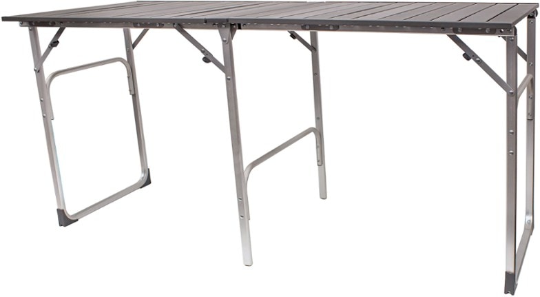 Portable aluminum camping table set up at a campsite with friends enjoying a meal.