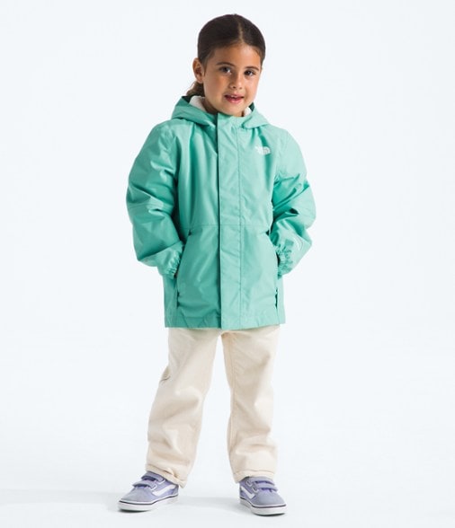 Front view of Antora toddler waterproof rain jacket with hood up, showcasing breathable fabric and reflective details