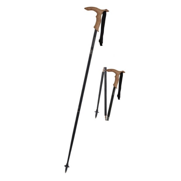 Front view of the Komperdell FXP lightweight walking stick with cork grip on a hiking trail.
