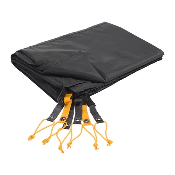 Top-down view of durable tent floor protector for Wawona 6 laid out on forest ground