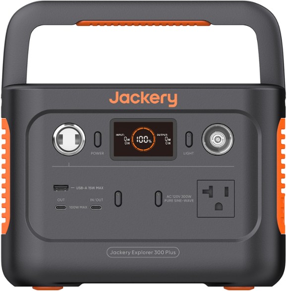 Jackery Explorer 300 Plus portable power station in use at a campsite