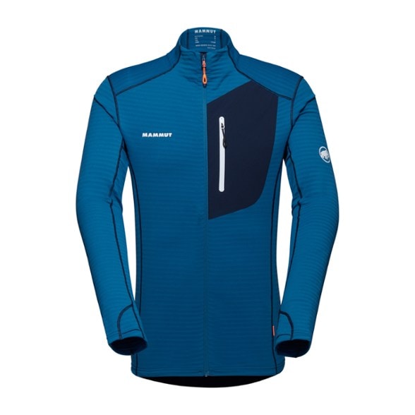 Men's ultra-light fleece jacket displayed against a mountain backdrop, showcasing its breathable fabric and functional design.