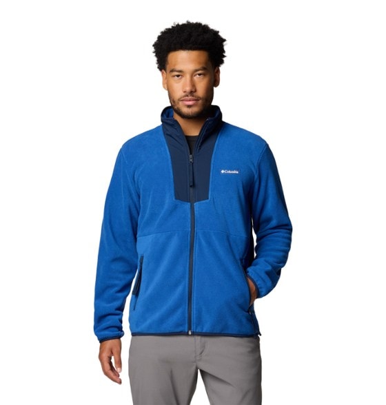 Eco-Friendly Sequoia Grove Men's Full-Zip Fleece Jacket in action during a hike.
