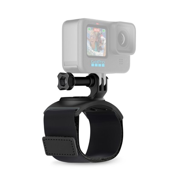 Close-up of waterproof wrist strap for GoPro camera showing adjustable buckle and sturdy material