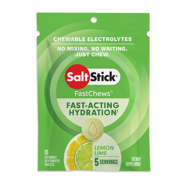 Close-up of RapidBoost chewable electrolytes, showing citrus tablets and resealable pack