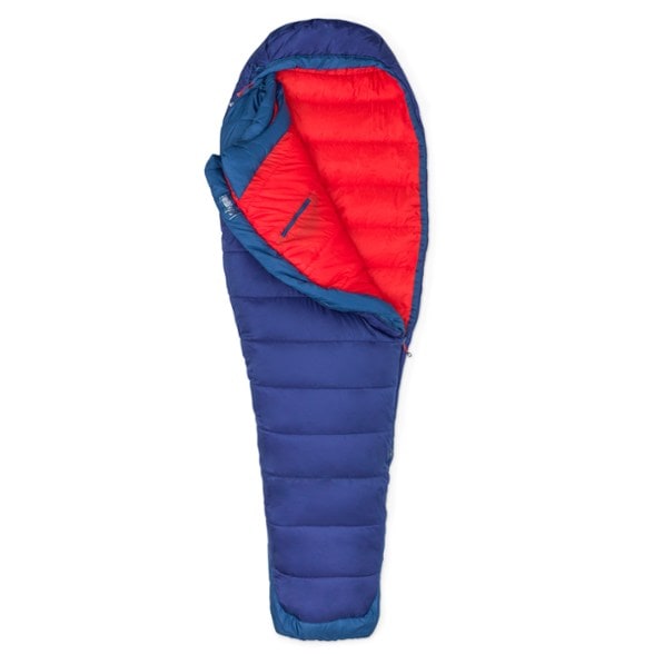 Eco-friendly women's sleeping bag showing 3D hood and footbox design.