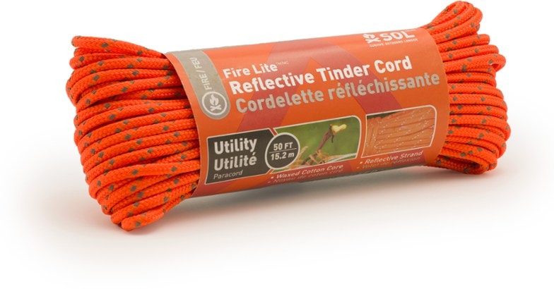 Close-up view of ReflectaSpark cord showing waxed-cotton tinder core inside paracord sheath