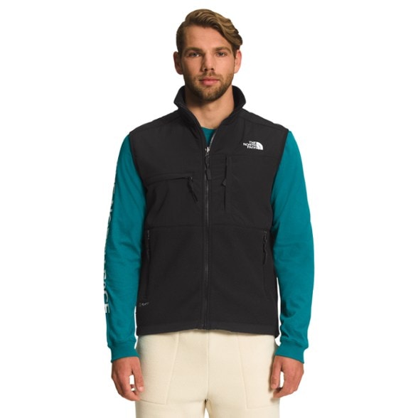 Front angle view of men's fleece vest showing Polartec material and hip-length fit