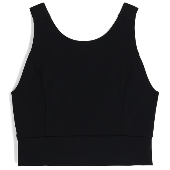 Front view of Vantage Pro compression crop top in black, showcasing the high-neck and wide bottom band